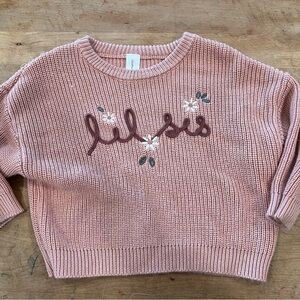Girls' Pink 'lil sis' Embroidered Crewneck Sweater